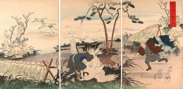 visita a la caza de la grulla 1898 Toyohara Chikanobu bijin okubi e Pinturas al óleo